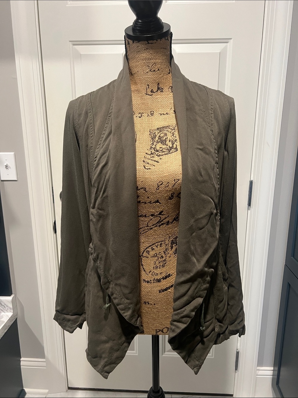Women's Sz S Olive Open-Front Jacket Casual Relaxed Layers Minimalist Outdoor